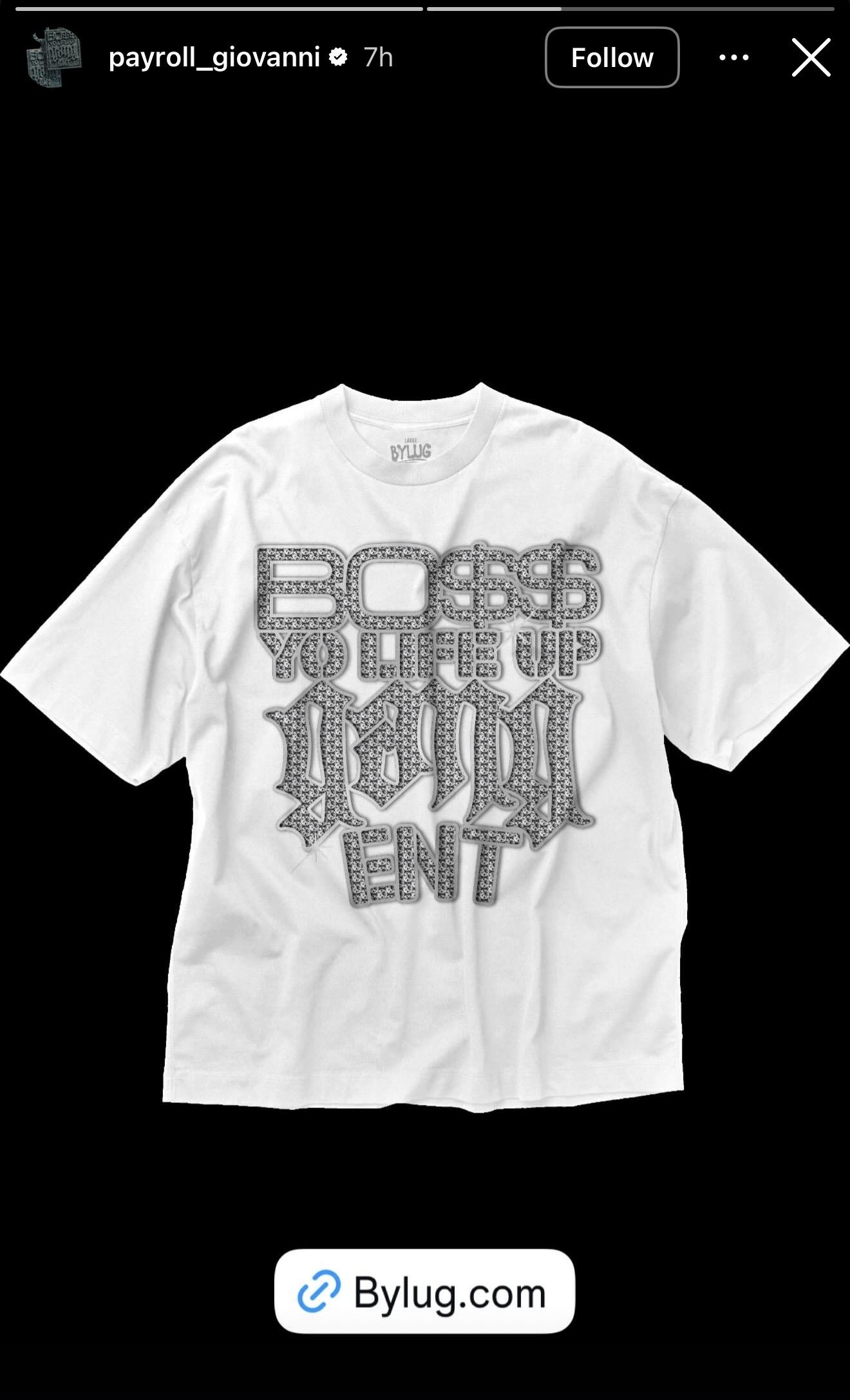 Social story screenshot showing the BYLUG graphic on a white shirt