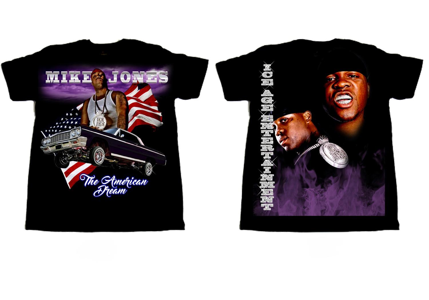Mike Jones apparel graphics presented as front and back garment compositions
