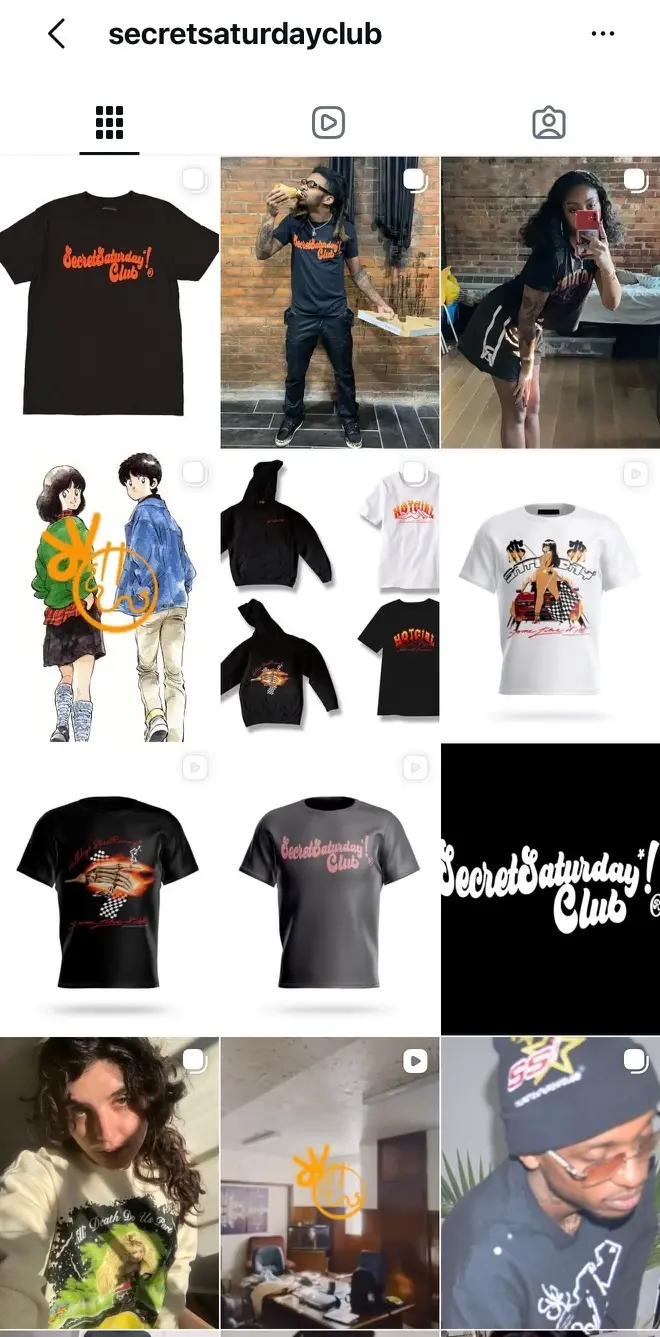 Archival SecretSaturdayClub Instagram profile showing a grid of brand graphics and apparel