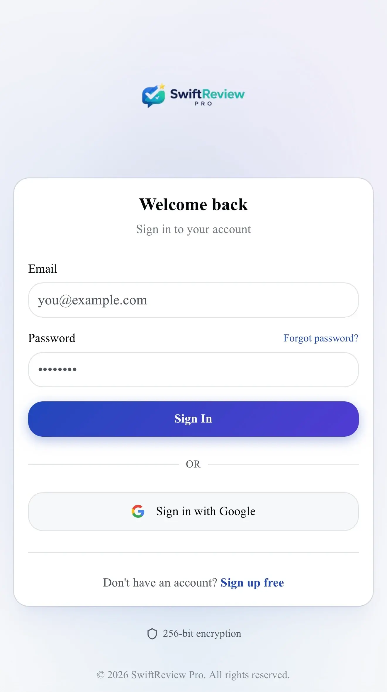 Mobile screenshot of the SwiftReview Pro returning-user sign-in page