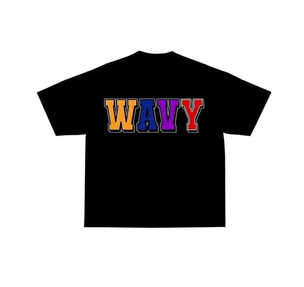 Black T-shirt mockup with multicolor WAVY varsity lettering.