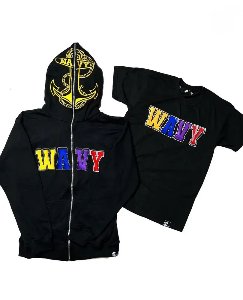 Black hoodie and matching varsity-letter T-shirt presented on white.