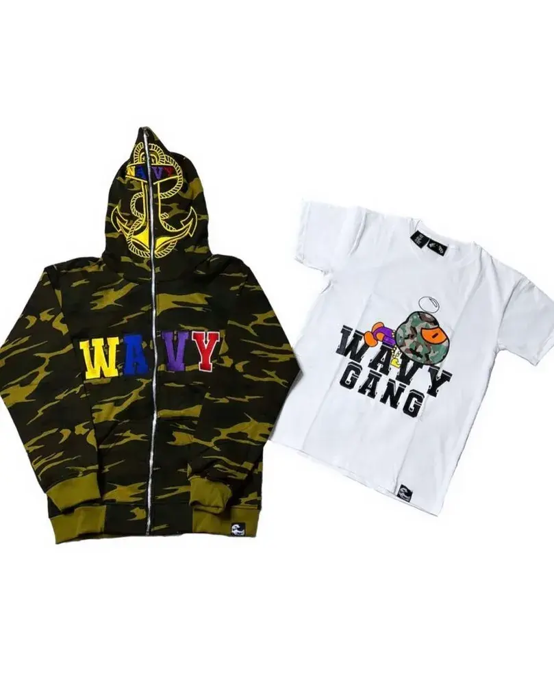 Camouflage hoodie and white character T-shirt presented on white.