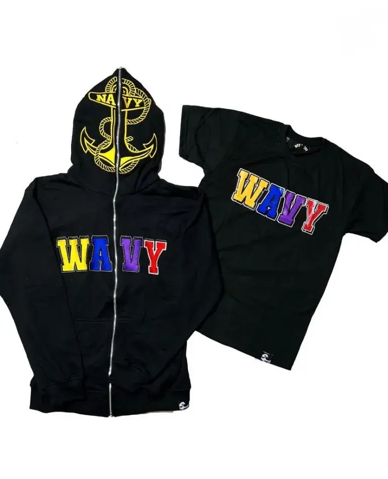 Black hoodie and matching varsity-letter T-shirt presented on white.