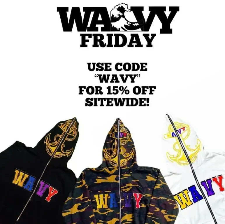 Archived Wavy Friday collection promotion showing black, camouflage, and white hoodies.