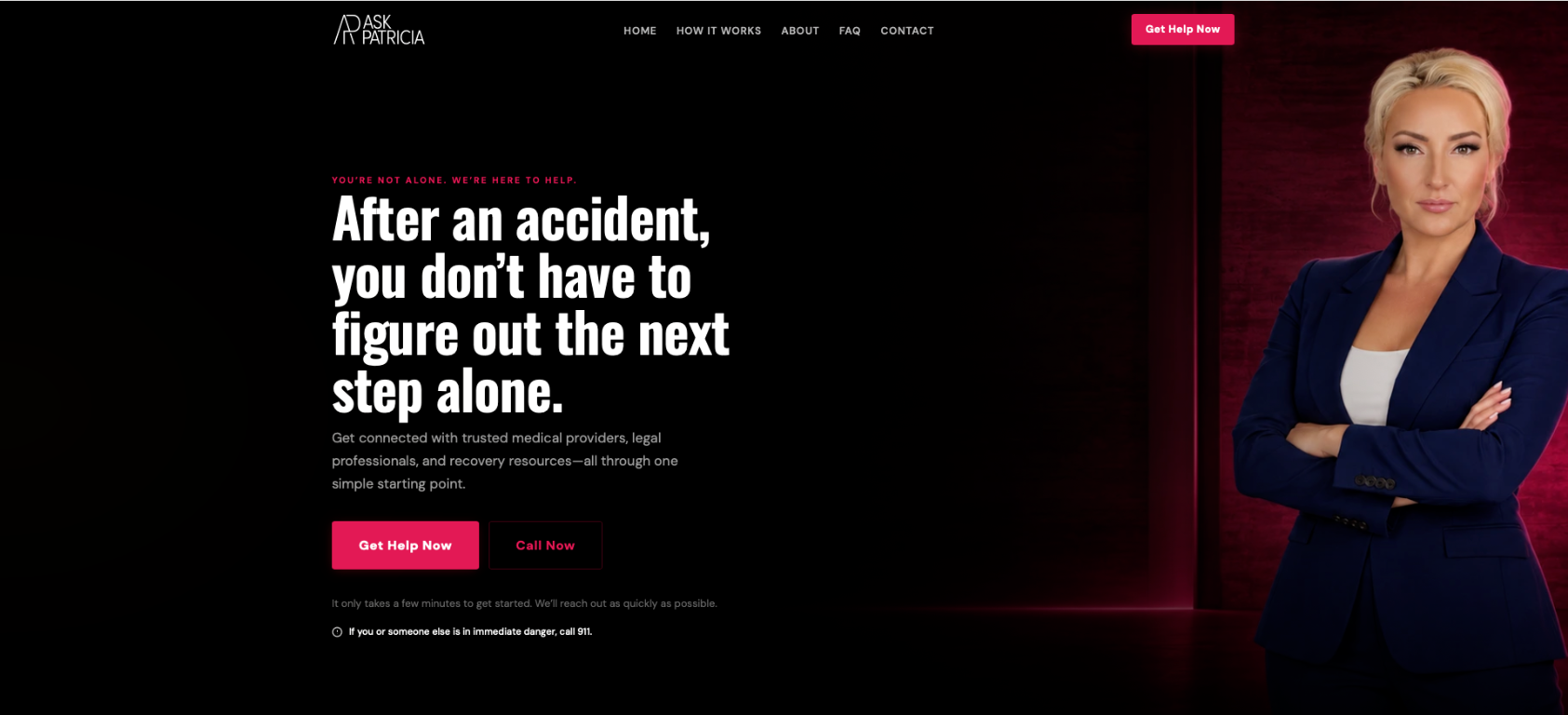 Ask Patricia homepage with Patricia beside the headline, After an accident, you don’t have to figure out the next step alone.