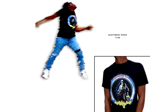 Editorial garment presentation pairing a moving figure with a printed black T-shirt.