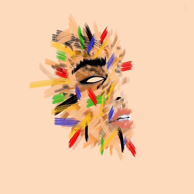 Colorful painted portrait on a pale peach field.