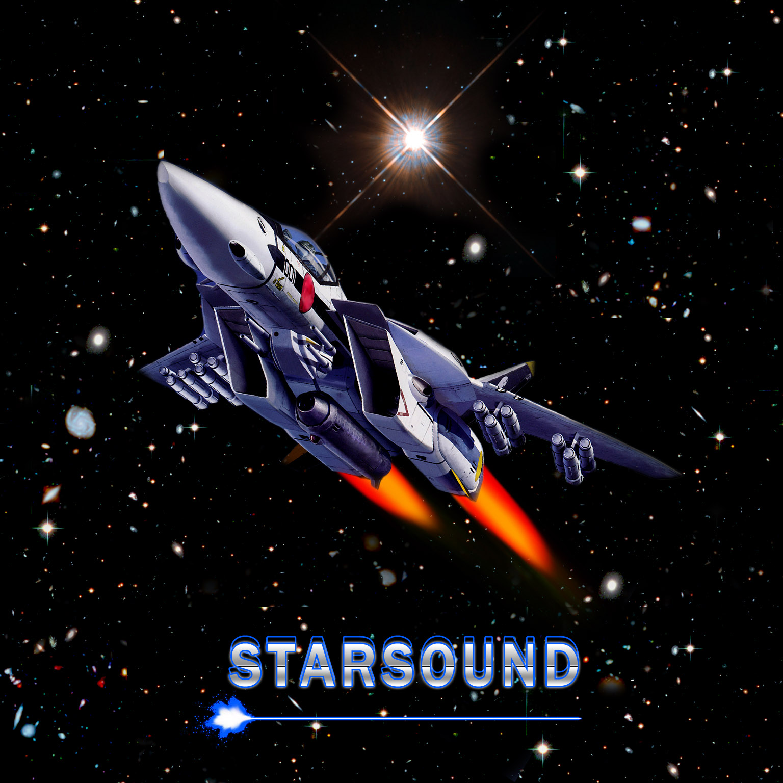 Illustrated fighter jet crossing a star field above the Starsound title.